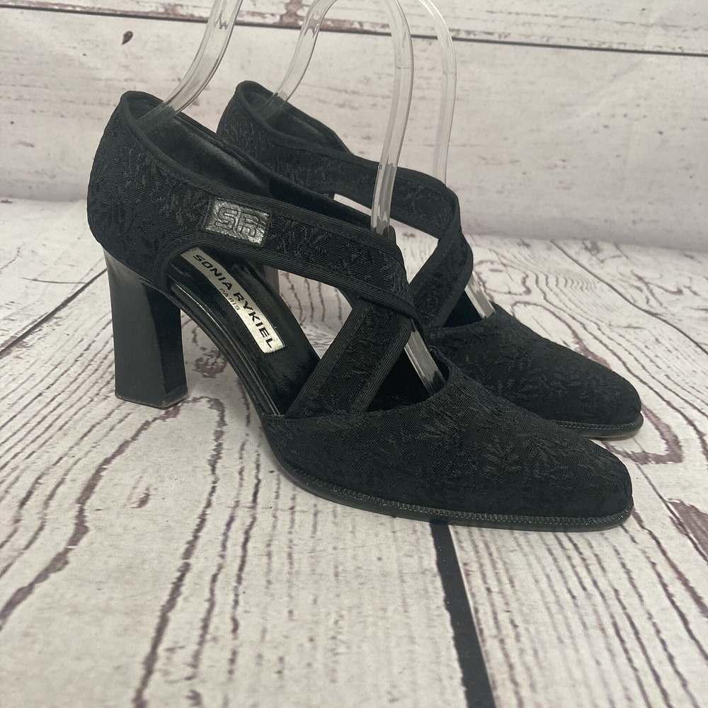 Sonia Rykiel Paris Vtg Heels Womens Size 36.5EU 6US Black Cross Strap Pump